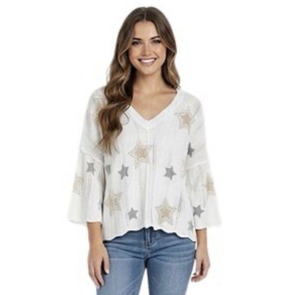 POL Women’s M Star Embroidered Open Knit Oversized V Neck Boho Sweater Top
